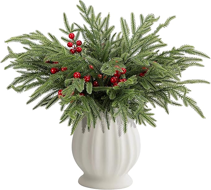 Watayo 60 Pcs Christmas Norfolk Pine Branches with Red Berry Stems, 14" Artificial Greenery Norfolk Pine Stems Sprigs, Fake Foliage Pine Needles Picks for DIY Craft Garland Home Decoration