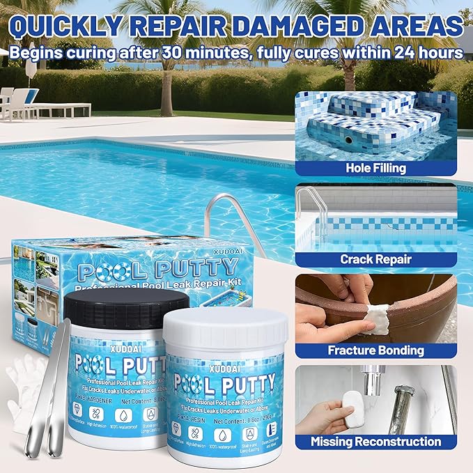 Pool Putty, 17.6oz/500g 2 Part Epoxy Pool Putty for Underwater or Above-Water Crack Leak Filling and Repair, Sealing and Repair of Holes and Damage in Fiberglass, Concrete and Tile Surfaces (White)