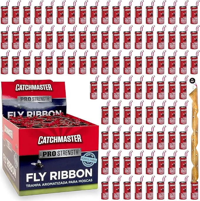 Catchmaster Fly Ribbon 96-Pack, Bug & Fruit Fly Traps Outdoor and Indoor, Premium Adhesive Sticky Fly Strips & Gnat Hanging Strips, Bulk Flying Insect Paper Rolls, Pesticide-Free Home Pest Control