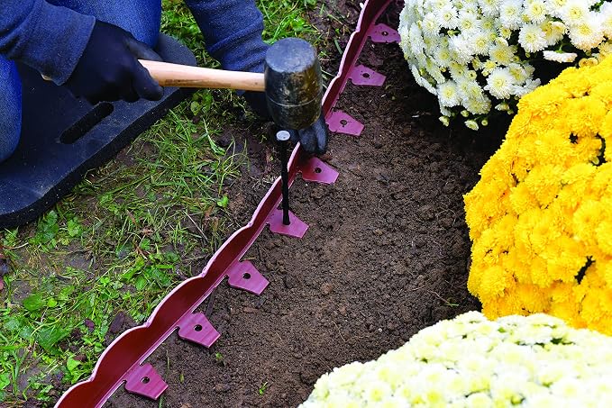 EasyFlex Scallop No-Dig Edging with Extra Anchoring Spikes - 40' Kit, Red, 3210RDE-40CXX