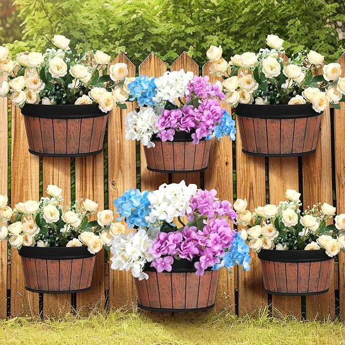 Layhit 6 Pcs Wall Hanging Planters Outdoor Pot Planter Wine Barrel Planter Distressed Oak Thickened Plastic Water Storage Flower Pots for Flower Indoor Outdoor(12 Inches, 10 Inches,Brown)