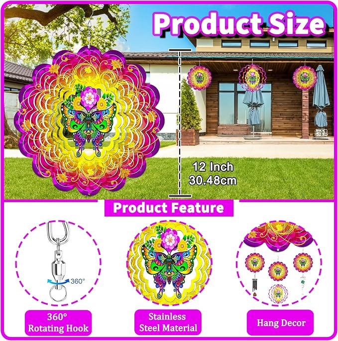 Wind Spinners Outdoor, 12 Inch Metal Wind Spinner Yard Art, Colorful Windmill for Yard and Garden Lawn Patio Farmhouse Decor (Butterfly)