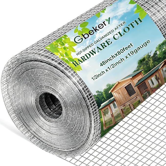 Gbekery Hardware Cloth 1/2 inch 48in x 80ft 19 Gauge, Hot-dip Galvanized After Welding Chicken Wire Fence Roll Garden Plant Welded Metal Wire Fencing Roll, Rabbit Cages Snake Fence