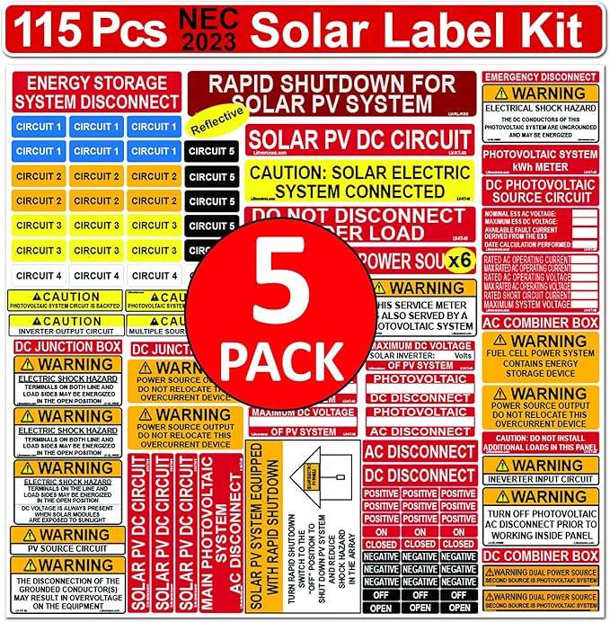 5 Packs of Ultimate 115 Pack 2017/2020/2023 NEC Code Compliant Photovoltaic Solar System Label Kit Electrical Panel Safety Stickers Outdoor Rated Laminated