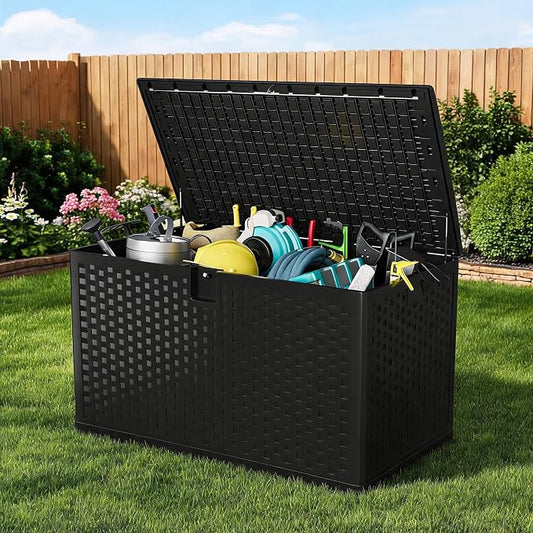 120 Gallon Outdoor Deck Box, Lockable Waterproof Outdoor Resin Box with Lid, Patio Storage Bin for Patio Furniture, Garden Tools, Pool Accessories - Black