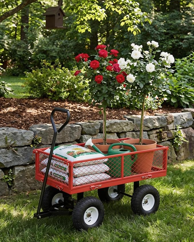 GarveeTech 400LBS Heavy Duty Steel Garden Cart, Garden Wagon Cart on Wheels, Metal Yard Utility Wagon with Removable Mesh Sides, 10" All Terrain Tires, 180° Rotating Handle for Lawn, Garden, Farm