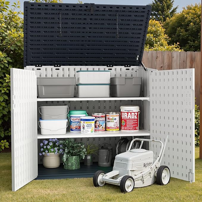 TUOZE 34 Cu Ft Resin Storage Shed with 2 Shelves, Waterproof Outdoor Storage Cabinet with Sloping Roof & Lockable Lid for Garden Tools, Trash Cans (Beige)