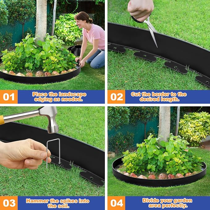 4IN x 33FT Landscape Edging, Garden Edging Borders with 40pcs Metal Stakes, Flexible Plastic Garden Border for Lawn, Landscaping, Flower Beds, Trees and Yard