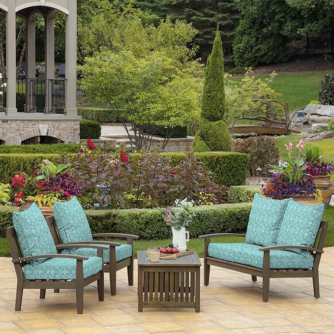 Arden Outdoor Deep Seat Cushion Set, 24 in x 24 in, Patio Cushion for Chair, Sofa, and Couch Turquoise Daphne Medallion