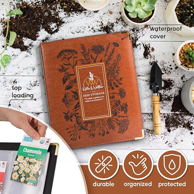 Create-ables Willow and Wildflower Garden Seed Organizer Binder, Seed Storage Organizer, Garden Binder Book for Packet Storage Catalog Can Store 120 Packets with Dibber and Widger (Classic Brown)