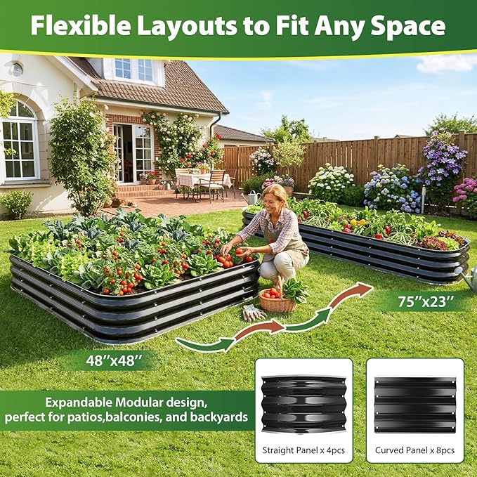 Galvanized Raised Garden Bed for Gardening, 4x4x1ft Large Square Metal Planter Boxes Outdoor for Vegetable,Flower,Herb,Modular Above Ground Growing Container,Black, Easy Assembly