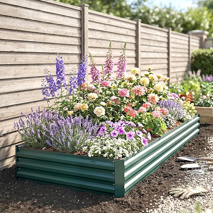 Outsunny Galvanized Raised Garden Bed, 8' x 3' x 1' Metal Planter Box, for Growing Vegetables, Flowers, Herbs, Succulents, Green