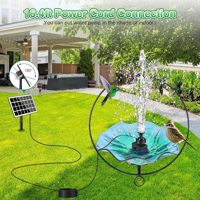 Jutai Solar Fountain Kit White Lights,3.5W Glass Solar Water Pump with 2000mAH Battery, Solar Bird Bath Fountain with Sucker and Stake for Garden, Outdoor, Water Feature-16.4ft Power Cord,7 Nozzles