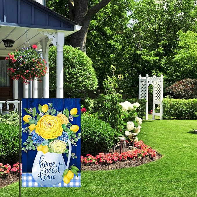 Texupday Home Sweet Home Blue and Yellow Flower Lemon Decoration Spring Summer Floral Garden Flag Buffalo Check Plaid Seasonal Holiday Outdoor Yard Banner 12" x 18"