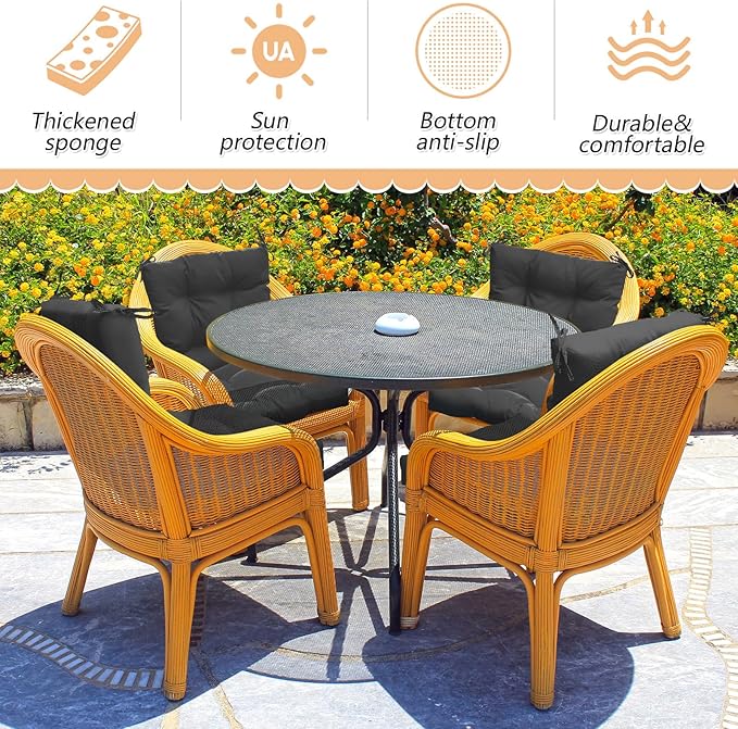 Marsui 6 Pcs Outdoor Indoor High Back Chair Cushions Patio Furniture Tufted Pillow with Ties Water-Resistant Replacement Outdoor Rocking Chair Cushions, 42 x 21 Inches (Black,Solid Color)