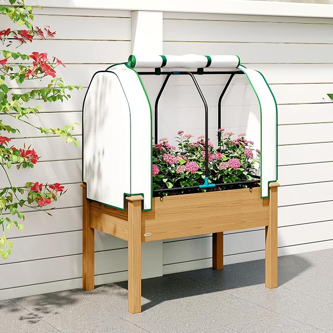 Outsunny Raised Garden Bed with PE Greenhouse Cover Outdoor Elevated Wood Planter Box for Herbs and Vegetables, Use for Patio, Backyard, Balcony, 35 x 22 x 47 inch, Sand