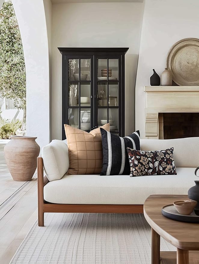 Crumbs Home Modern Farmhouse Fall Linen Indoor Outdoor Lumbar Pillow Cover Only, 12"x20" Water Repellent for Patio, Backyard, Couch, Black Ivory Cream Floral