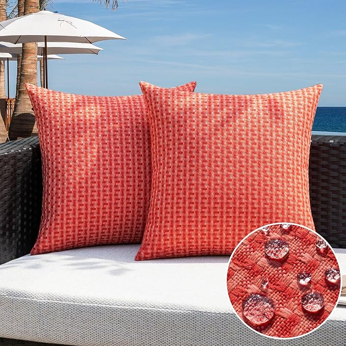 Kevin Textile Outdoor Waterproof Throw Pillow Covers Pack of 2 Boho Farmhouse Decorative Euro Sham Cushion Covers for Garden Patio Tent Balcony Bench Couch Sofa 26x26 Inch, Red