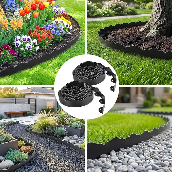 120 FT Landscape Edging Border with 180 Spikes, 2.8 Inch Tall Plastic Lawn Edging Border, No Dig Flexible Garden Edging Border for Flower Beds Landscaping Yard Pathway Paver Tree Fence Edging (Black)