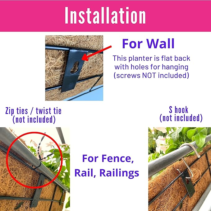 LaLaGreen Wall Mounted Planters - 30 Inch, 2 Pack Window Flower Pot Attach to House Outdoor, Balcony Plant Pot Over the Rail, Deck Railing Hanging Coco Liners, Metal Horse Troughs Fence Patio Porch