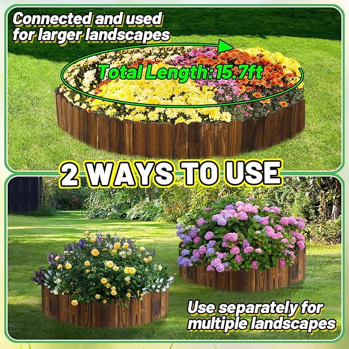 Wooden Garden Edging - 2pcs 7.9ft x 8in Weather-Resistant Pine Landscape Border Fence for Outdoor Patio Lawns Yard Flower Beds Decoration