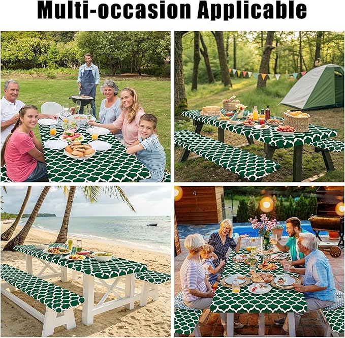 Smiry Picnic Table Cover with Bench Covers, Waterproof Elastic Fitted Tablecloth for 5 Foot Tables, Washable Polyester Tablecloths for Camping, Indoor & Outdoor (Emerald Green, 30x60 Inch 3-pc Set)