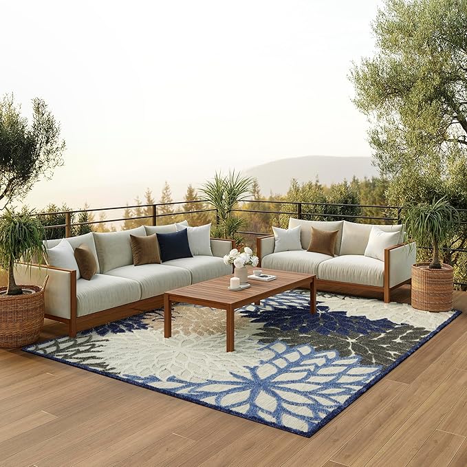 Nourison Home Aloha Indoor/Outdoor Blue/Multicolor 10' x 14' Area Rug, Tropical, Botanical, Easy Cleaning, Non Shedding, Bed Room, Living Room, Dining Room, Deck, Backyard, Patio (10x14)