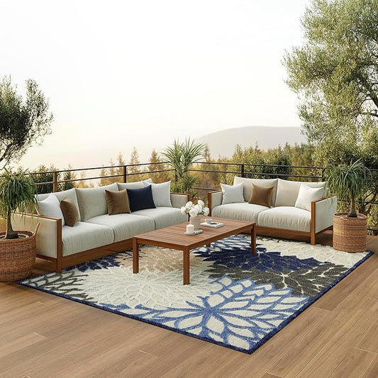 Nourison Home Aloha Indoor/Outdoor Blue/Multicolor 10' x 14' Area Rug, Tropical, Botanical, Easy Cleaning, Non Shedding, Bed Room, Living Room, Dining Room, Deck, Backyard, Patio (10x14)