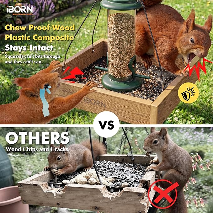 iBorn Platform Bird Feeder Tray, Chew Proof Bird Feeders for Outdoors Hanging, Flat Birdfeeder Tray with Large Capacity 3LBS, WPC Recycled Plastic & Cedar Look, Waterproof, 10.5"x10.5", Raw
