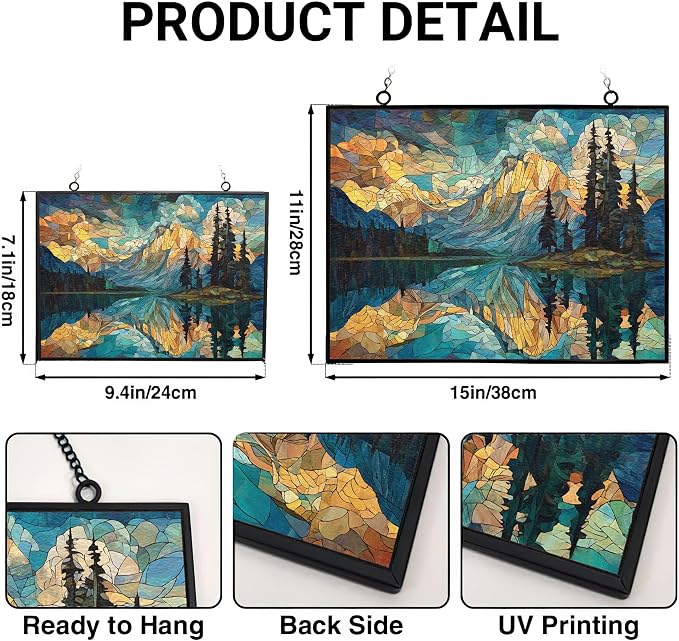 Rectangle Mosaic Mountain Reflection Lake Stained Glass Window Hanging, 15" W X 11" H Stained Glass Panel with Chain, Suncatchers for Windows Hanging Decorations, Gifts for Mom