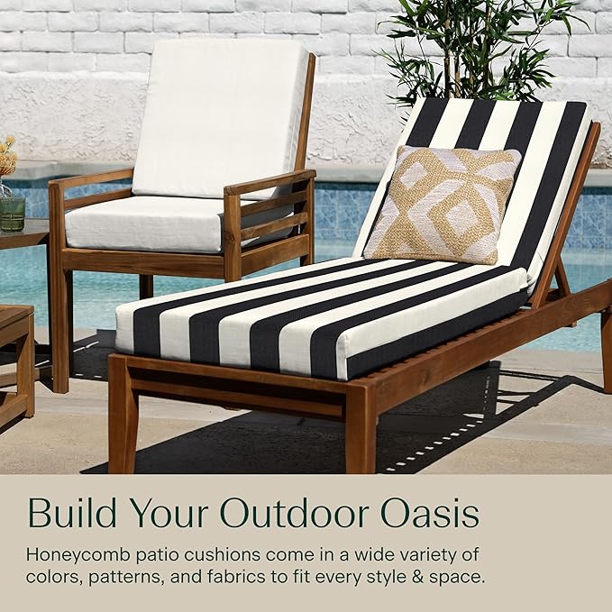 Honeycomb Outdoor Chaise Lounge Cushion for Patio Furniture, Water & Fade Resistant, Removable Cover, 21.5 x 70, Heritage Cabana Stripe Black and Ivory