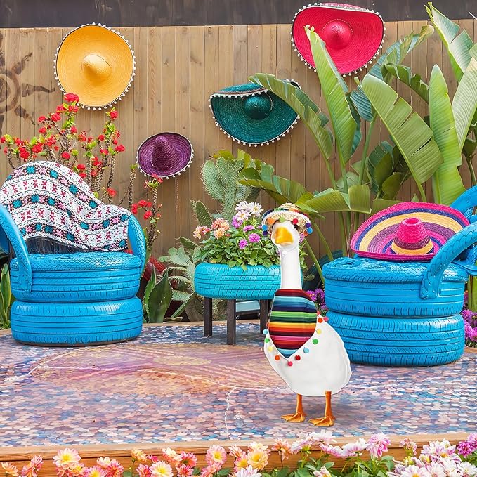 Shyyween Mexican Porch Goose Outfit for 23"/ 17'' Lawn Goose Statue Sombrero with Bandana Scarf for Garden Patio Yard Decor(Colorful)