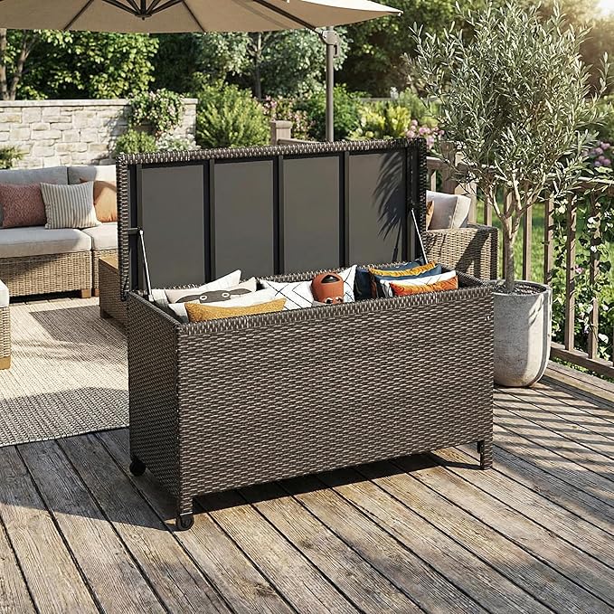 Wicker Deck Box, 185 Gallon All-Weather Outdoor Storage Box, Rattan Storage Bin for Patio Furniture, Outdoor Cushions, Pool Storage and Garden Tools, Brown