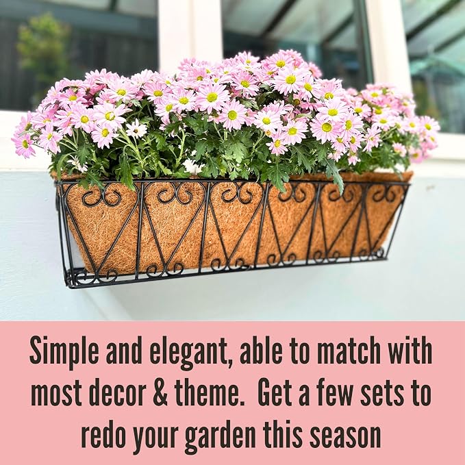 LaLaGreen Outdoor Wall Planters - 2 Pack, 30 Inch Deck Railing Hanging Pot, Over the Rail Window Flower Boxes Black Plant Basket Attach to House with Coco Liner Metal Fence Balcony Patio Porch