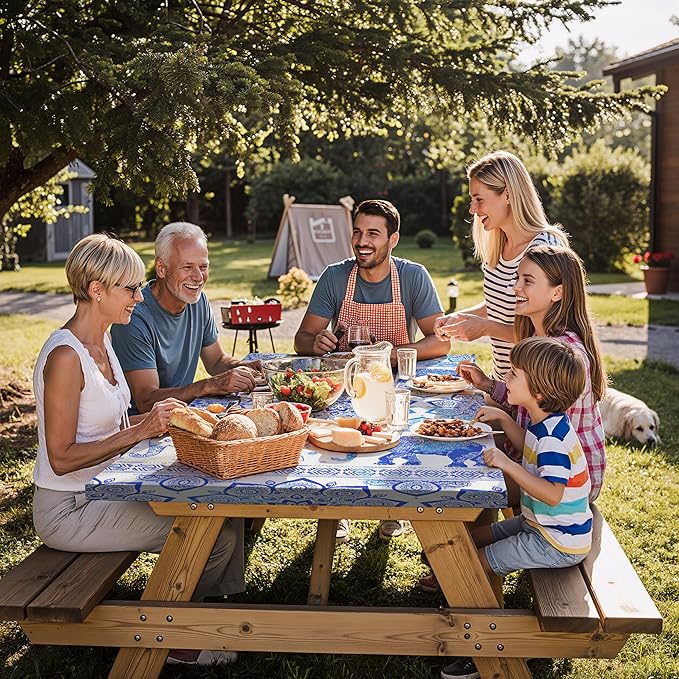 Fitted Waterproof Picnic Table Cover with Bench Covers Heavy Duty Elastic Outdoor Camping Tablecloth for 6 Foot Rectangle Tables Summer Rv Accessories Patio Garden Road Trip Essentials Gifts