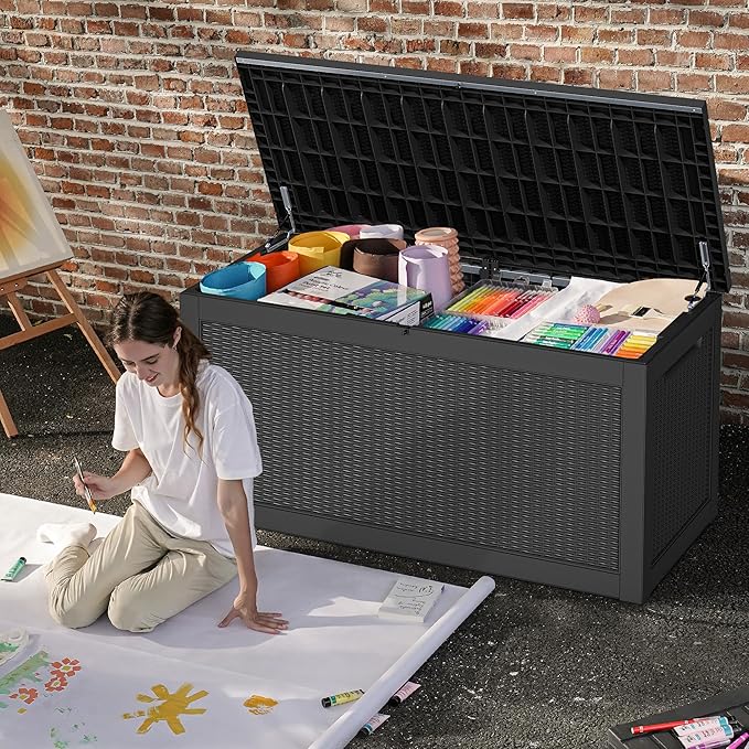 DWVO 320 Gallon XXL Extra Large Deck Box, Resin Outdoor Storage Box, Lockable & Waterproof, Double as Seating, 1000lbs Capacity (Black)