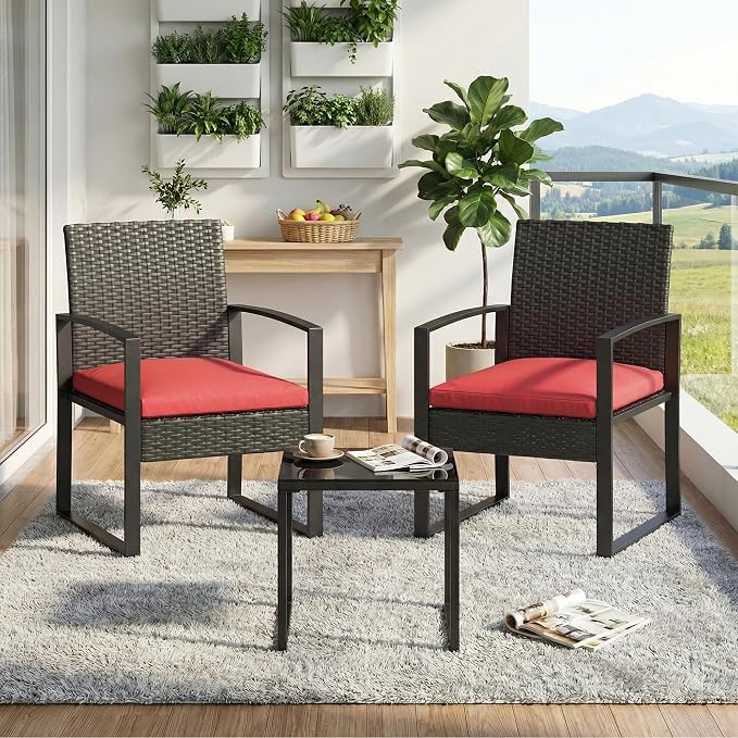 Garvee 3 Pieces Patio Bistro Set, PE Rattan Patio Conversation Set with Tempered Glass Coffee Table, Outdoor Wicker Furniture for Patio Garden Balcony Backyard, Black and Red