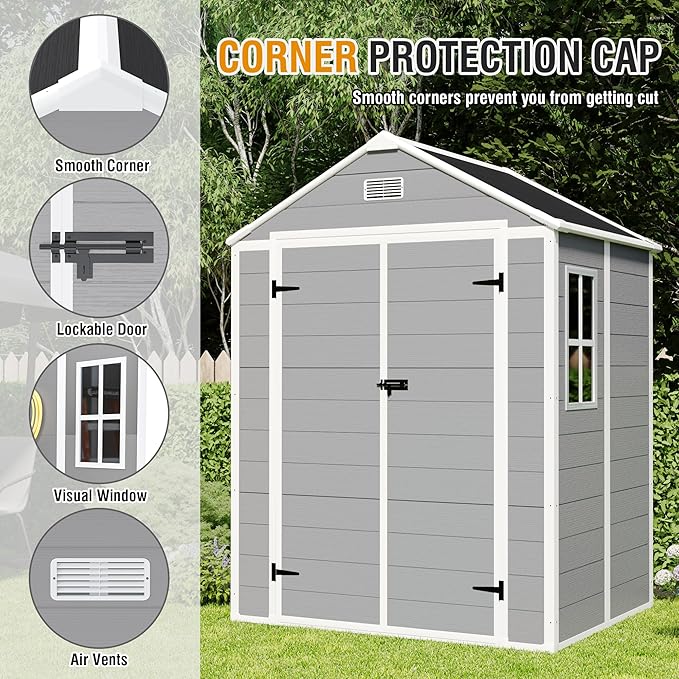 YOPTO 6x5 FT Resin Storage Shed,Garden House with Floor & Lockable Door,Waterproof Plastic Tool Sheds W/Slanting Roof Visual Window & Air Vents for Bicycles,Lawnmowers,Lawn,All Weather Use,Gray