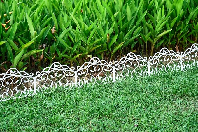 Evelyne Decorative Garden Border Plastic Edging – PP Plastic, Short Metal-Free Faux Wrought Iron Leaf & Bird Design, 16pcs Yard Landscaping Fence Liner Lawn Edge Barrier, 20ft Kit of Decorative Panels
