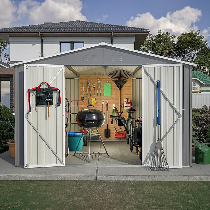 YOPTO 10×10 FT Outdoor Storage Shed,Metal Aluminum Waterproof Tool Sheds with Doors and Vents,Heavy-Duty Sheds Unit W/Lock and Key,for Storing Bicycles,Lawnmowers,Barbeques,Gray