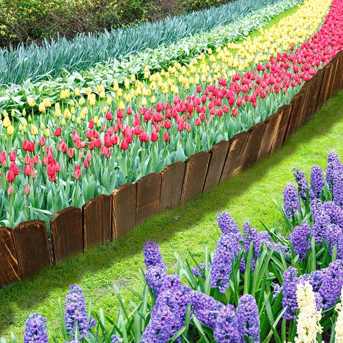 Bucherry 4 Pcs Rustic Wood Garden Edging Border 15.8 ft Total Antiseptic Wood Garden Landscape Edging Fence with Gloves for Decorative Yard Pathway Flower Bed Lawns Pathway Tree
