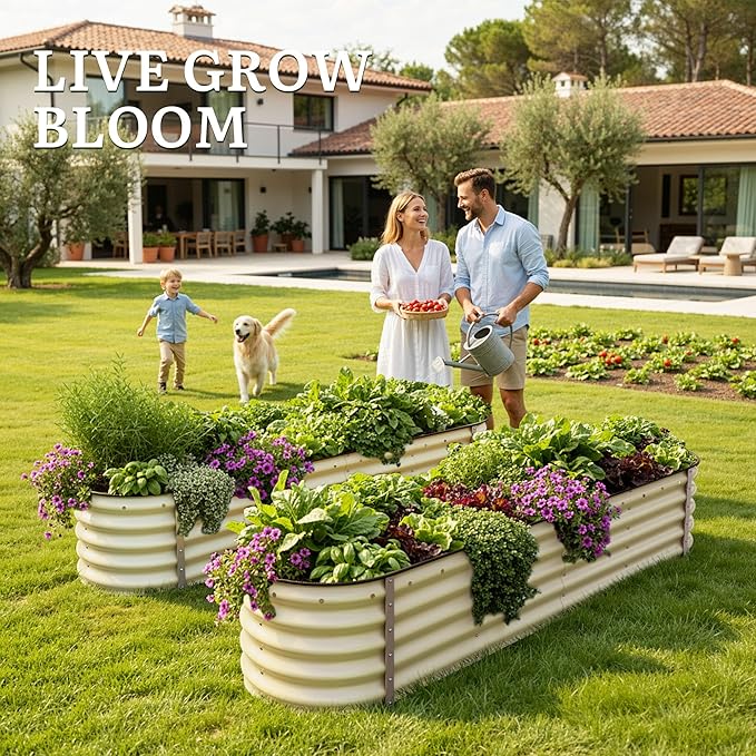 YITAHOME 8x2x1.5ft Raised Garden Bed Kit, 17" Tall 9 in 1 Large Galvanized Metal Planter Box with Gloves & Safety Rubber, Outdoor Flower Bed for Plants Vegetables Flowers, Cream Yellow
