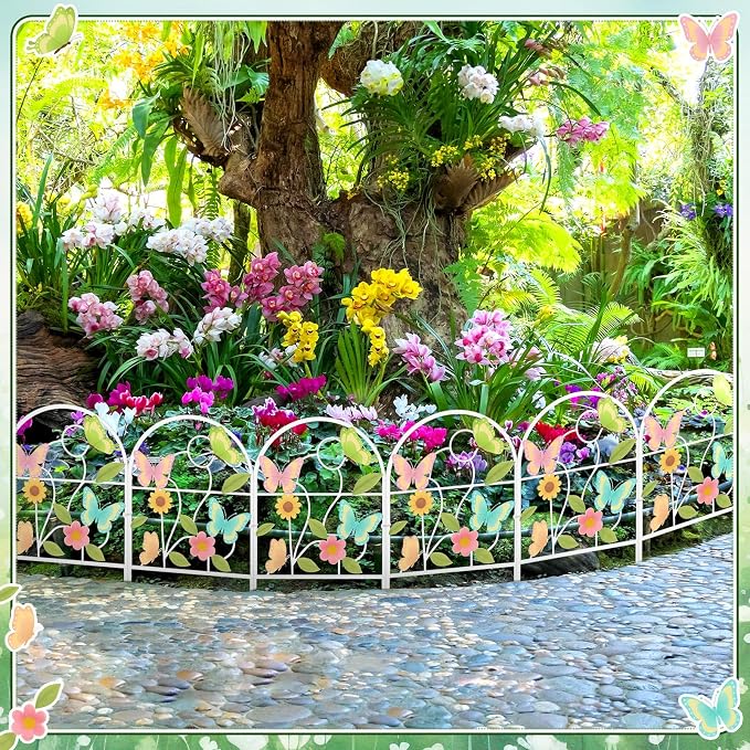 Yaocom 6 Pack Pastel Butterfly Decorative Garden Fence 16.5''h x 11.8''w Animal Barrier Border Butterfly Flower Design Metal Arch Fence Panel for Spring Outdoor Patio Yard Landscape Decoration