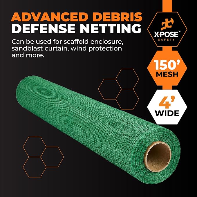 Xpose Safety Construction Safety Netting – 4' x 150', 1/4" Mesh Scaffold Safety Net, Temporary Material Roll, Visibility Fence, Heavy-Duty Fire Retardant, Green (48-Pack)