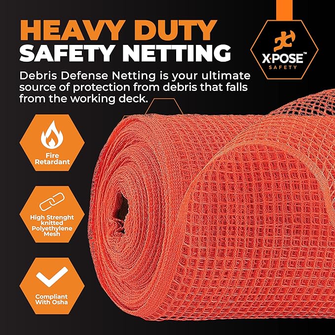 Xpose Safety Construction Safety Netting – 5.5' x 150', 1/4" Mesh Scaffold Safety Net, Temporary Material Roll, Visibility Fence, Heavy-Duty Fire Retardant, Orange