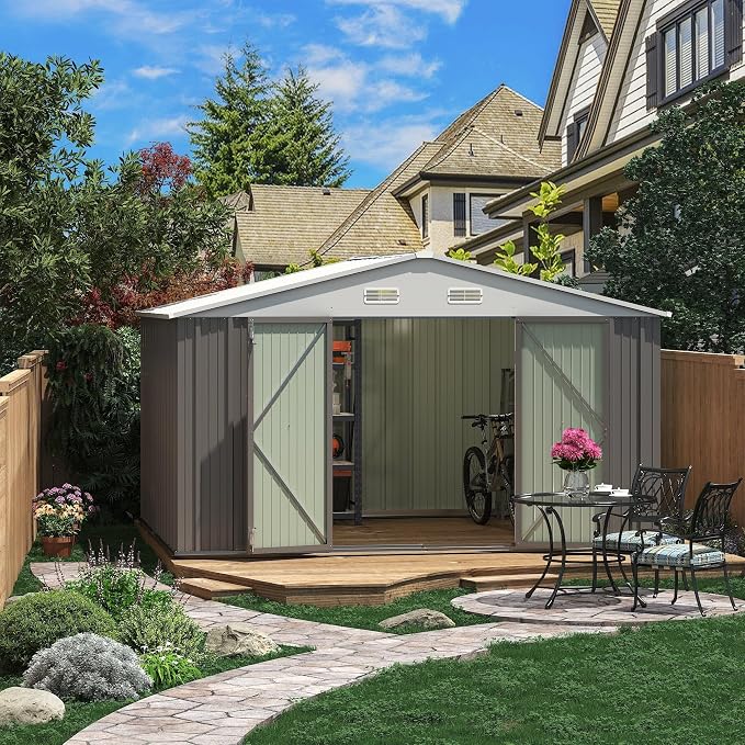 Greesum 10×8FT Outdoor Storage Shed, Metal Patio Storaged Sheds with Lockable Doors, Sheds & Outdoor Storage for Patio, Backyard, Pool and Garden, Gray
