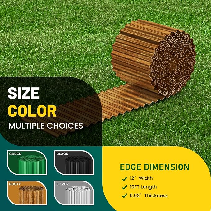Corrugated Metal Garden Edging, 12"×10Ft Landscape Edging Border for Garden, Flower Bed, Lawn and Landscape Edging (Rusty)...
