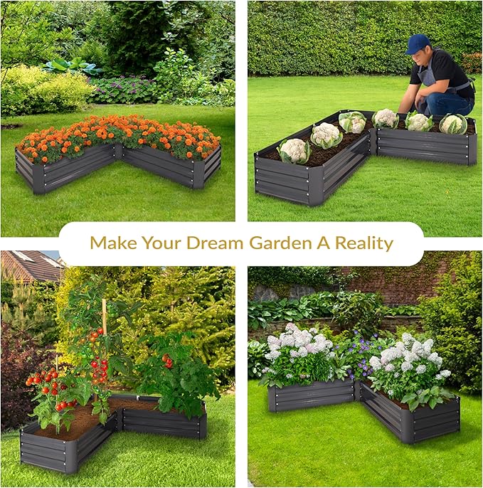 Sunnydaze Galvanized Raised Garden Bed Kit - 5x5x1 ft Outdoor Raised Garden Bed - Metal Planter Box for Vegetables, Flowers, Herbs - Dark Gray - L-Shaped