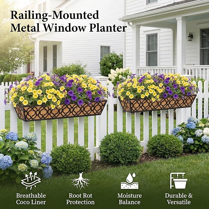 4 Pack 30 Inch Railing Planter Box with Coco Liner, Adjustable Metal Window Box Planter for Balcony Deck Fence, Hanging Flower Basket for Outdoor Garden, Black