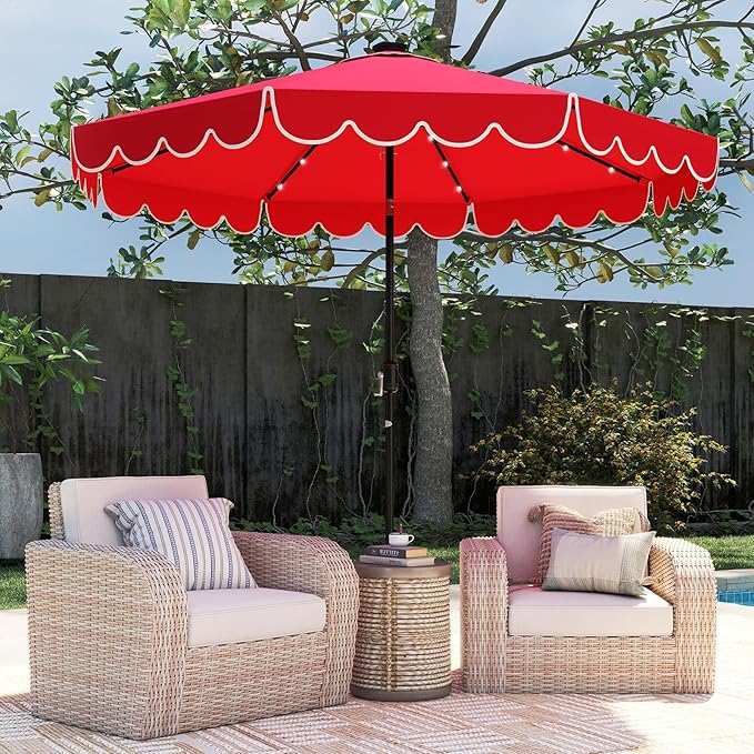 Tangkula 10FT Solar LED Patio Umbrella, 2-Tiers Scalloped Outdoor Table Market Umbrella with 24 LED Lights, Vented Top, Tilt Adjustment, Crank, 8 Ribs for Backyard Poolside Deck Beach Lawn (Red)